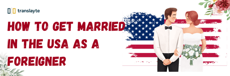 illustration of a bride and groom holding hands, how to get married in the usa as a foreigner